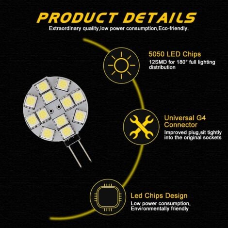 10x Ampoule LED G4 DC 12V Non dimmable Blanc 6000K Ampoule de lumière Remplacement 20W Lampe halogène pour Cuisine Camping-Car RV remorque Bateau