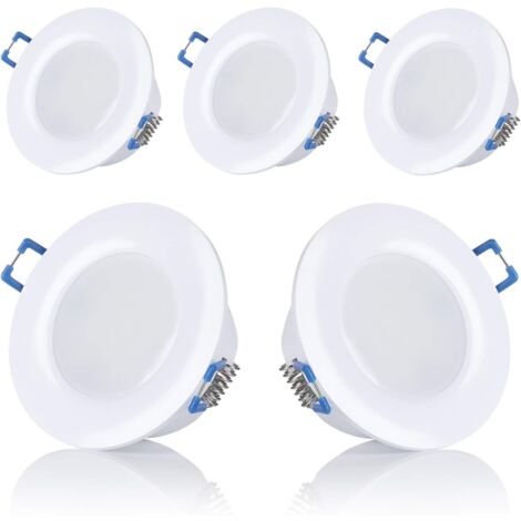 Set mit 5 LED-Einbaustrahlern für Badezimmer, IP44, 230 V, ultraflach, 5 W, erhältlich in warmweiß und kaltweiß, rund, weiß, für Badezimmer, Öffnungsdurchmesser: 75–80 mm [Energieklasse F] (warm). Wei (1/4)