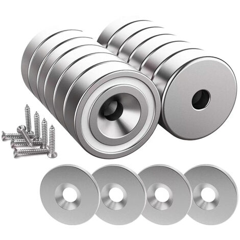 12 Stück Neodym-Magnete 10KG Kraft 20 x 7 mm mit Loch und Kapsel, Topfmagnet mit Senkkopf und Schraube und 12 Stahlkissen (Silber glänzend) (1/5)