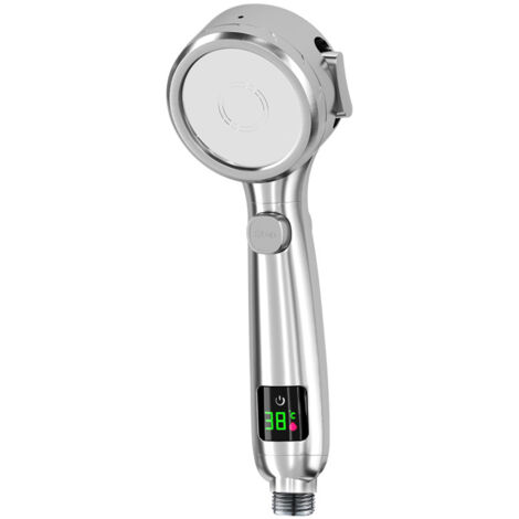 Duschkopf mit digitaler Temperatur, wassersparender Duschkopf, vier Regenduschmodi, ein Schlüsselschalter für Erwachsene, Kinder und Haustiere, Silber (1/5)