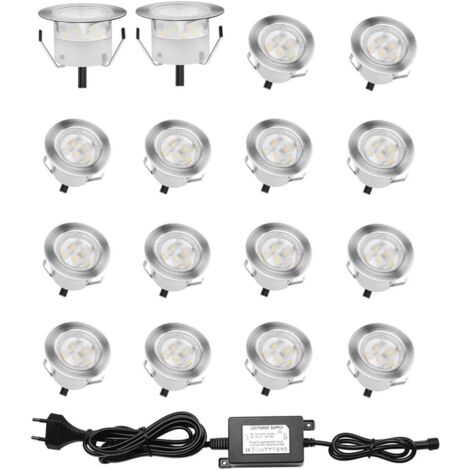 Set mit 16 LED-Einbaustrahlern für Holzterrasse, wasserdicht IP67, Einbaustrahler für den Außenbereich, 0,6 W DC12 V, weißes Licht, Mini-Lampen-Set für Wege, Treppenstufen, Decken [Energieklasse A+]