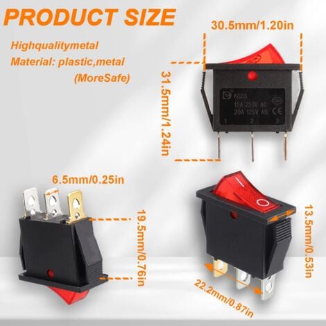 5Pcs Interrupteur à bascule lumineux rouge, ON/OFF 3 broches 3 positions Interrupteur à bascule pour bateau Snap AC 250V/15A 125V/20A KCD3-101