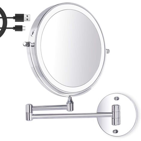 8-Zoll-LED-Schminkspiegel zur Wandmontage, beleuchteter Vergrößerungsspiegel, 1-fache/7-fache Vergrößerung, 3 einstellbare Lichtfarben, USB-Aufladung, um 360 ° drehbar, ausziehbar, für Badezimmer und (1/5)