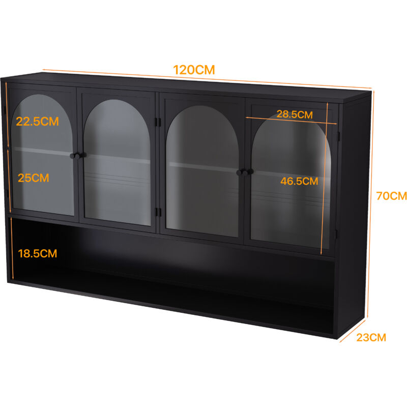 Mobile Pensile Da Cucina In Vetro Scanalato Retrò, 2 Ripiani, Struttura Alluminio E Vetro Temperato, Nero, 120 Cm, Per Dispensa E Soggiorno