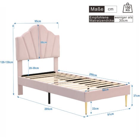 Letti per adulti 90x200 cm, lettino per bambini imbottito, piedini dorati, testiera regolabile in altezza, velluto, senza materasso, rosa