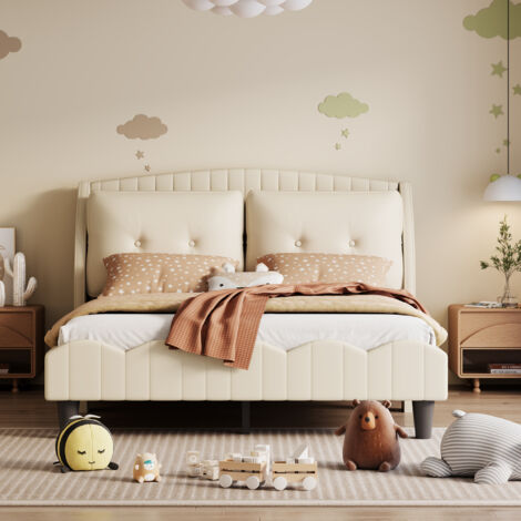 Letto imbottito in velluto - 90x200 cm - con rete a doghe - Beige