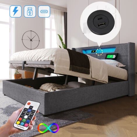 Letto contenitore matrimoniale imbottito, ricarica USB Type C, LED, lino, (140 x 200 cm, grigio, senza materasso)