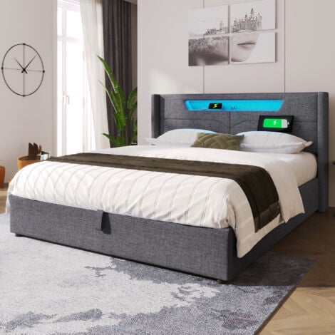 Letto contenitore matrimoniale imbottito, ricarica USB Type C, LED, lino, (140 x 200 cm, grigio, senza materasso)