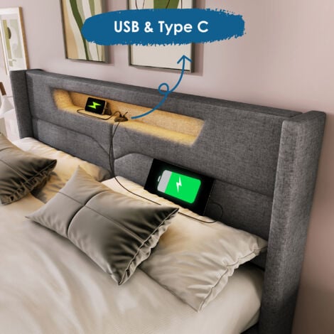 Letto contenitore matrimoniale imbottito, ricarica USB Type C, LED, lino, (140 x 200 cm, grigio, senza materasso)