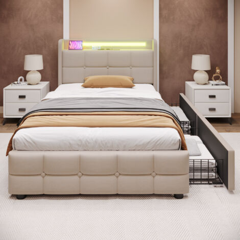 Letto contenitore, letto imbottito 90 x 200 cm, 2 cassetti, ricarica LED e USB, lino, senza materasso (1/5)