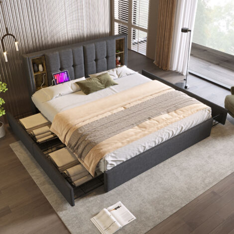 Letto Matrimoniale In Legno Massello 160x200 Con Luci LED, Porte USB E Cassetti – Design Moderno Con Testiera E Contenitore