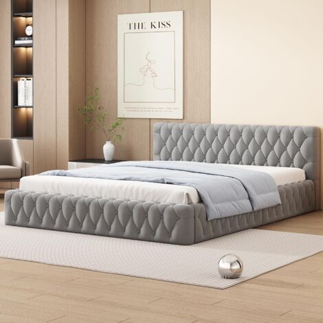 Letto A Due Piazze Per Ragazze Con Testiera A Fiore – 140x200 Cm, Imbottito In Velluto Beige, Struttura In MDF E Metallo, Con Doghe - 3