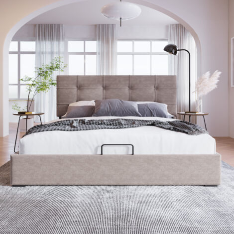 Letto contenitore imbottito idraulico, con testiera regolabile, velluto, grigio chiaro, 140 x 200 cm, senza materasso