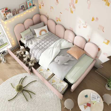 Letto imbottito, letto singolo con cassetti, letto contenitore, dormeuse, velluto, rosa (senza materasso), 90 x 200 cm