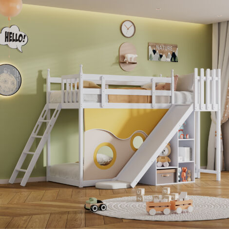 Letto a castello 90x200 cm con libreria, anticaduta e scivolo, bianco