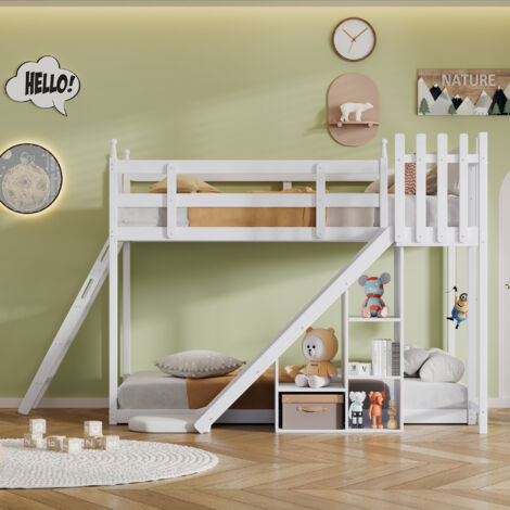 Letto a castello 90x200 cm con libreria, anticaduta e scivolo, bianco
