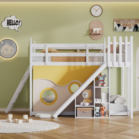 Letto a castello 90x200 cm con libreria, anticaduta e scivolo, bianco