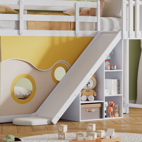 Letto a castello 90x200 cm con libreria, anticaduta e scivolo, bianco