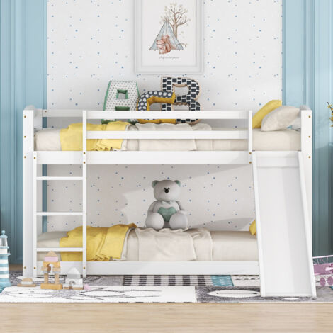 Letto a castello e soppalco per bambini 90x200 cm, con protezione, legno e MDF, bianco, Con scivolo