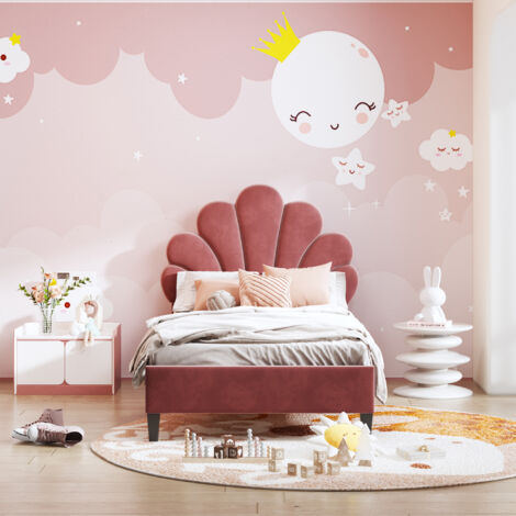 Letto per adulti, lettino per bambini, con rete a doghe e testiera, velluto (90 x 200 cm, letto singolo, rosso)