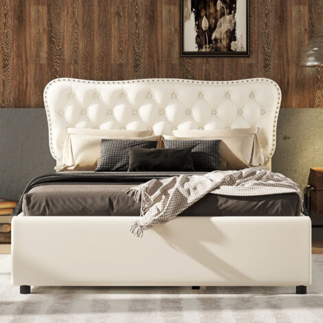 Letto Imbottito Pelle PU Bianca a Doghe Stile Chesterfield 180