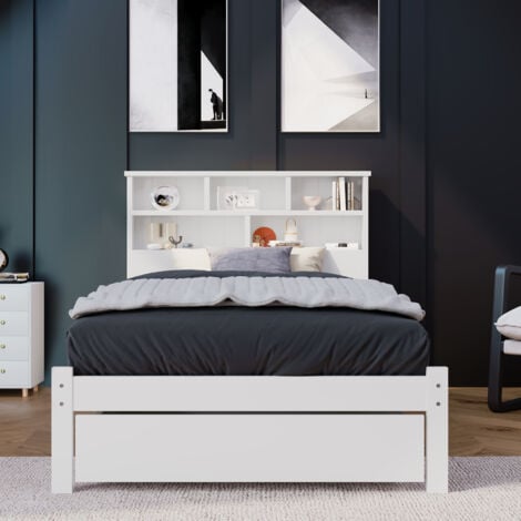 Letto per adulti, in legno con cassetti e libreria, bianco - 90 x 200 cm, letto singolo per bambini