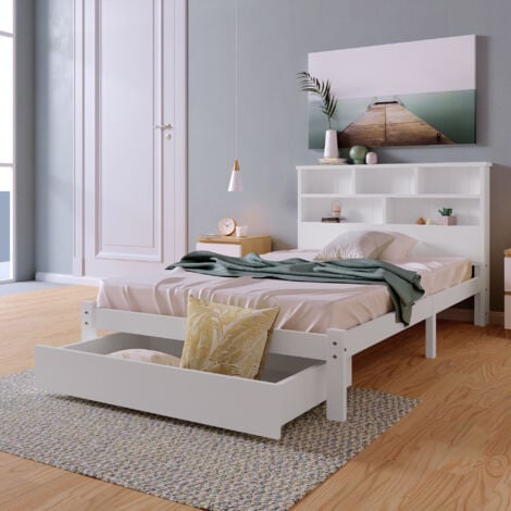 Letto per adulti, in legno con cassetti e libreria, bianco - 90 x 200 cm, letto singolo per bambini