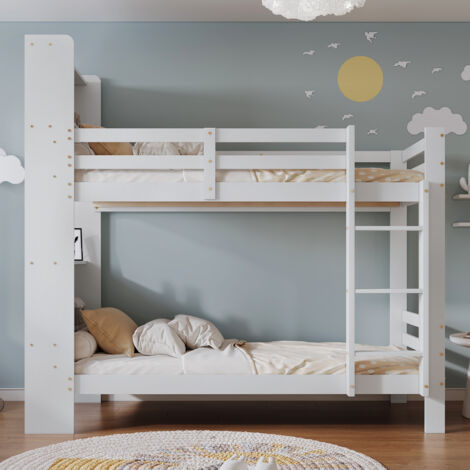Letto A Castello SUKY 90x200 Cm In Legno Con LED E Scala A Cassetti – Bianco E Naturale, Con Finestra