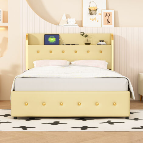 PerGar Letto Matrimoniale Imbottito 140x200 Cm Con 4 Cassetti, Porte USB E Luci LED – Design Moderno In Pelle PU Bianca
