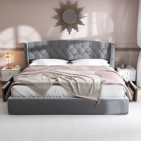 Letto Baule 140x200 In Velluto Beige Con 4 Cassetti – Struttura In Metallo E Legno, Rete A Doghe Robusta, Montaggio Facile, Senza Materasso