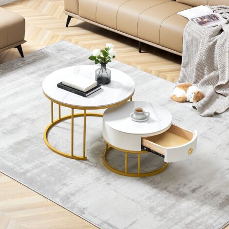 Set Di 2 Tavolini Rotondi Da Salotto – 50cm + 70cm, Piano In Pietra Da 8mm, Struttura In Ferro, Bianco