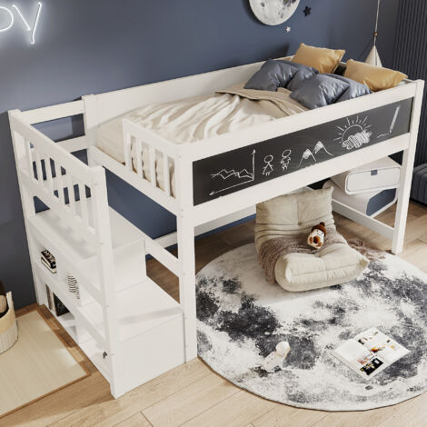 Letto a soppalco per bambini 90 x 200 cm, con tavoli da disegno, contenitori e protezione anticaduta, 1 rete a doghe, bianco