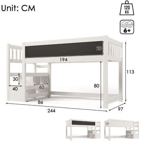 Letto a soppalco per bambini 90 x 200 cm, con tavoli da disegno, contenitori e protezione anticaduta, 1 rete a doghe, bianco