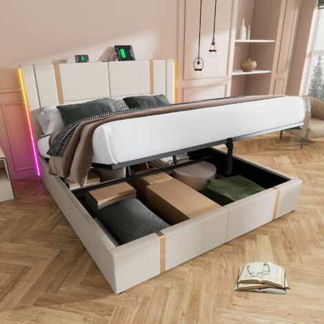 Letto imbottito 180 x 200 cm con porta USB, illuminazione a LED e rete a doghe, materiale di lino, design moderno, per ragazzi e ragazzi, robusto telaio in metallo, grigio/beige chiaro, senza