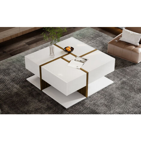 Tavolino, tavolino in stile moderno, 4 cassetti, vano portaoggetti nella parte inferiore. 78x78x34,8 cm, bianco - A