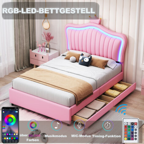 Letto imbottito 90 x 200 cm con luce LED, decorazione a forma di corona, PU, rosa, con cassetto (senza materasso)