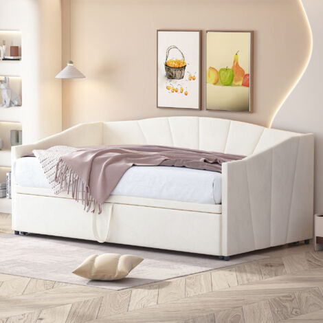Letto imbottito divano letto estraibile 90/180x200 cm, con rete a doghe, multifunzione, velluto (beige)