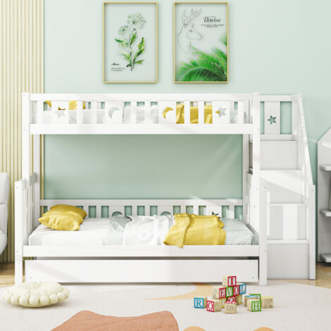 Letto A Castello Per Bambini - 90 X 200 Cm + 140 X 200 Cm - Con 2 Cassetti Spazio Nella Scala Legno Mdf Bianco