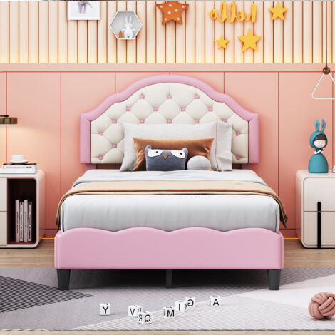 Letto Imbottito In Velluto 90x200 Cm – Testiera Con Bottoni E Rivetti, Gamba In Legno, Rete A Doghe Inclusa, Rosa