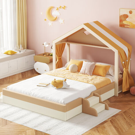 Letti A Soppalco 140 X 200 Cm, Lettini Per Bambini, Con Scala, PU, Letti Matrimoniale Senza Materasso Beige Marrone Chiaro 85198749