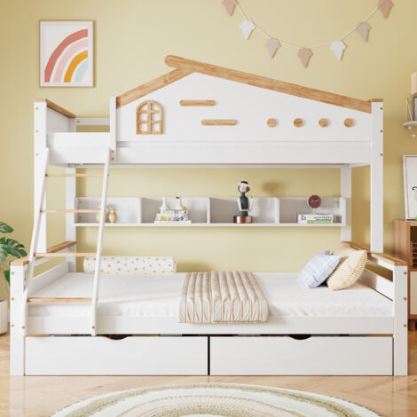 Letti a castello 90x200 cm + 140x200 cm, letti per bambini, letti a soppalco, con finestra, scale, cassetti, pino + MDF, bianco + naturale