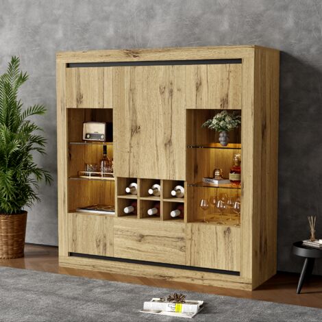 Credenza bianca, credenza con 4 ante in rattan e ripiani regolabili, maniglie in metallo, per