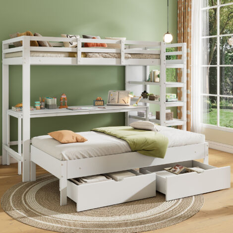 Letto A Castello In Legno Di Pino Con Cassetti – Convertibile In 2 Letti Singoli, 90x200 Cm, Bianco, Con Sponde Di Sicurezza