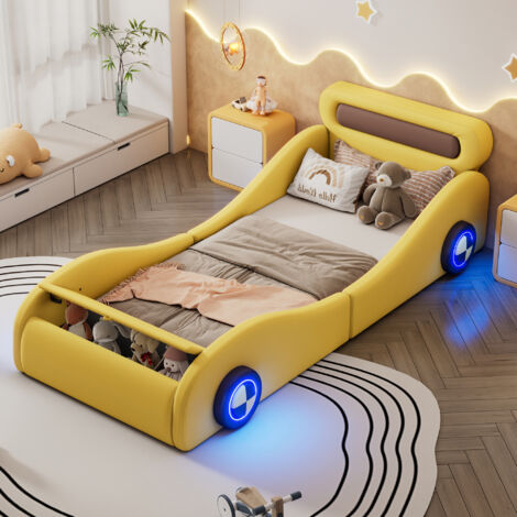 Letti per bambini 90x200 cm, morbido letti singolo, a forma di automobile con ruote luminose, contenitore, PU, senza materasso, giallo