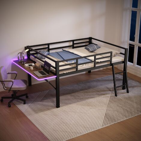 Letti a soppalco 140 x 200 cm, lettino per bambini, striscia luminosa a LED, scrivania laterale pieghevole accanto al letti, in metallo, senza materasso, nero
