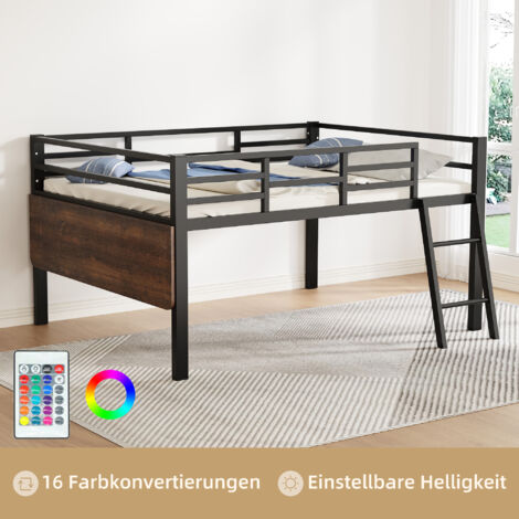 Letti a soppalco 140 x 200 cm, lettino per bambini, striscia luminosa a LED, scrivania laterale pieghevole accanto al letti, in metallo, senza materasso, nero