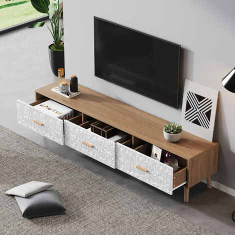 Tavolo TV Console TV in stile country vintage con porta TV in frassino dipinto a mano, centro di intrattenimento con 8 cassetti e ripiani aperti for