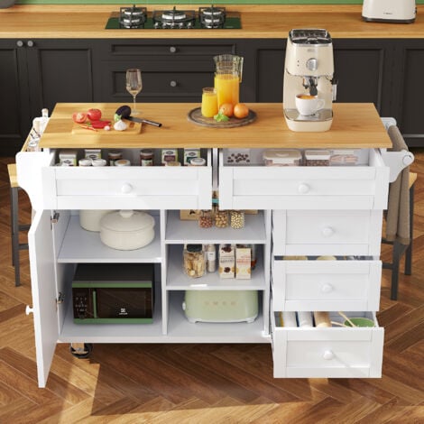 Carrello da cucina, mobile contenitore, carrello/credenza, credenza 119x46x92 cm, 5 cassetti, bianco