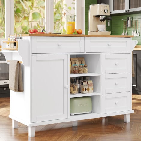 Carrello da cucina, mobile contenitore, carrello/credenza, credenza 119x46x92 cm, 5 cassetti, bianco