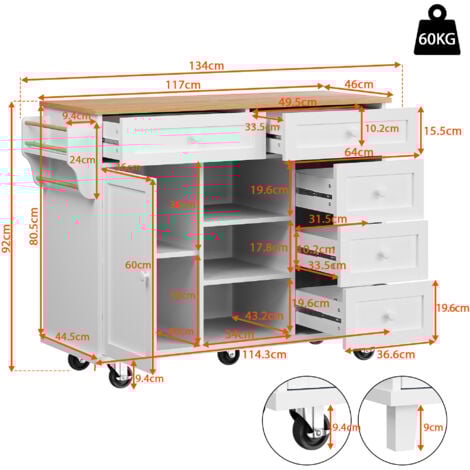 Carrello da cucina, mobile contenitore, carrello/credenza, credenza 119x46x92 cm, 5 cassetti, bianco